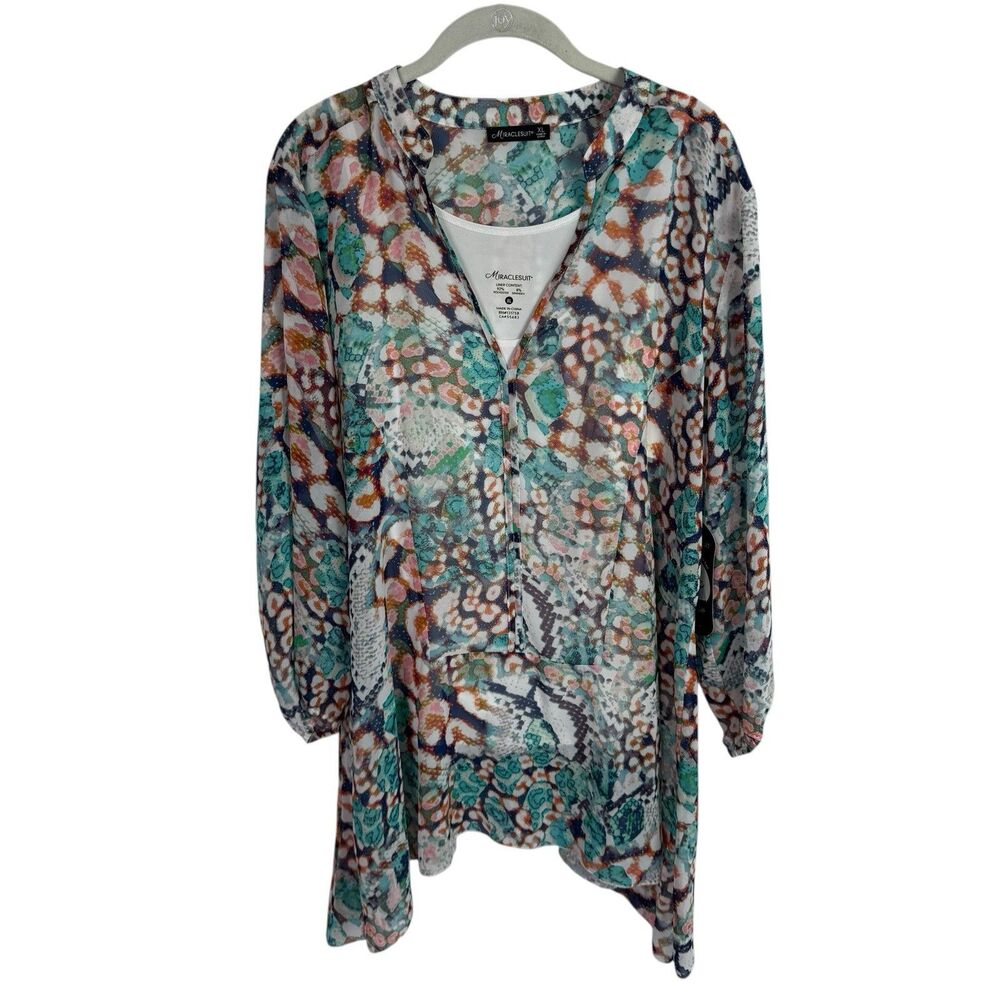 Miraclesuit Women's Lined Blouse Top Size XL Multicolor Print 3/4 Sleeves NEW